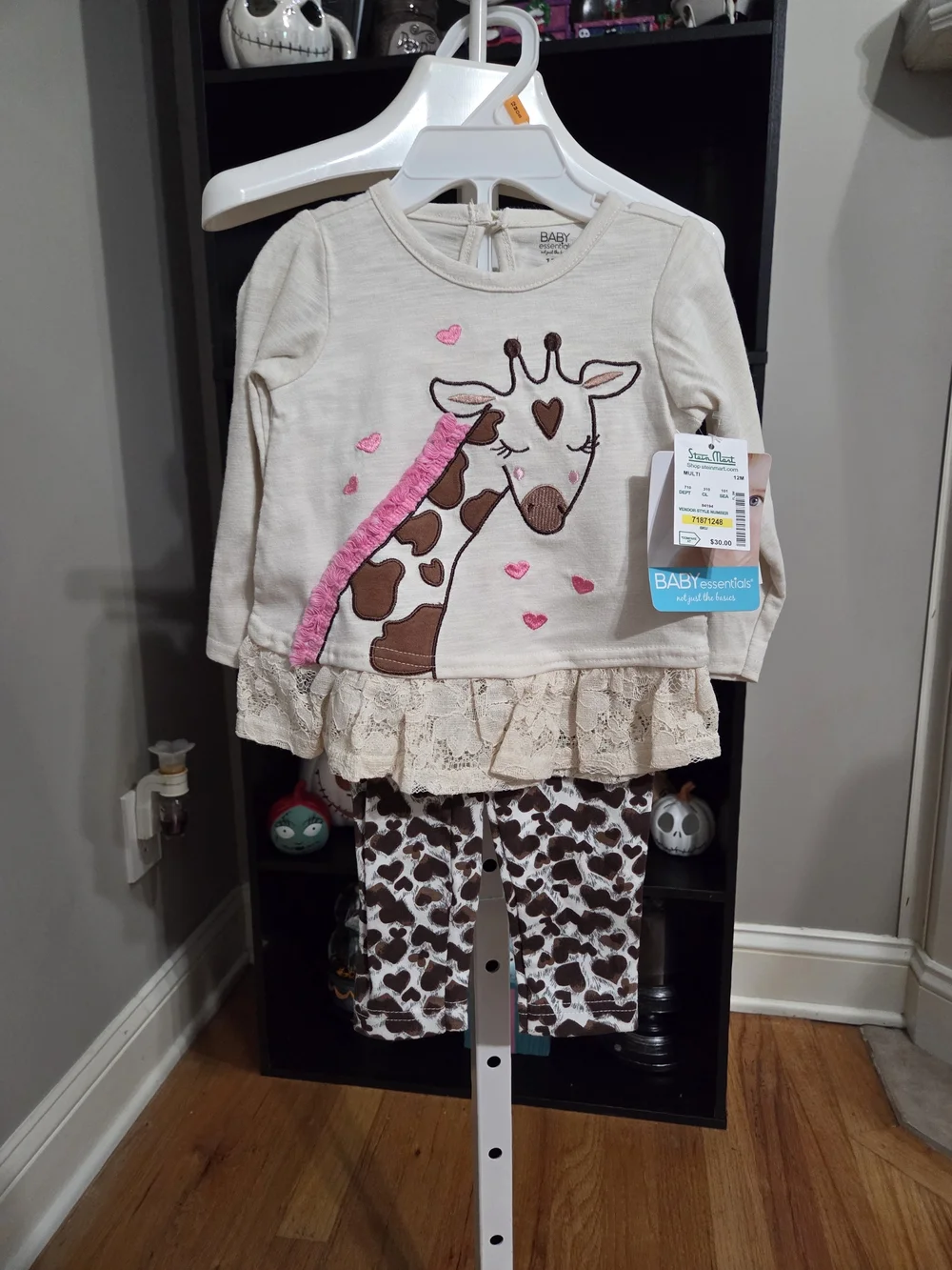 Baby Essentials Beige Giraffe Lace-Trim Set with Pink Accents